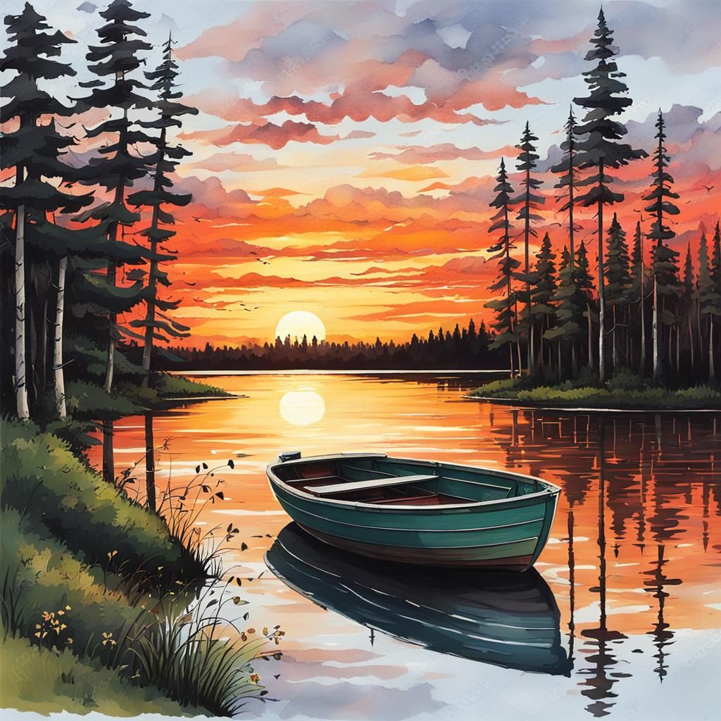 Serene Sunset Forest Lake in Watercolor