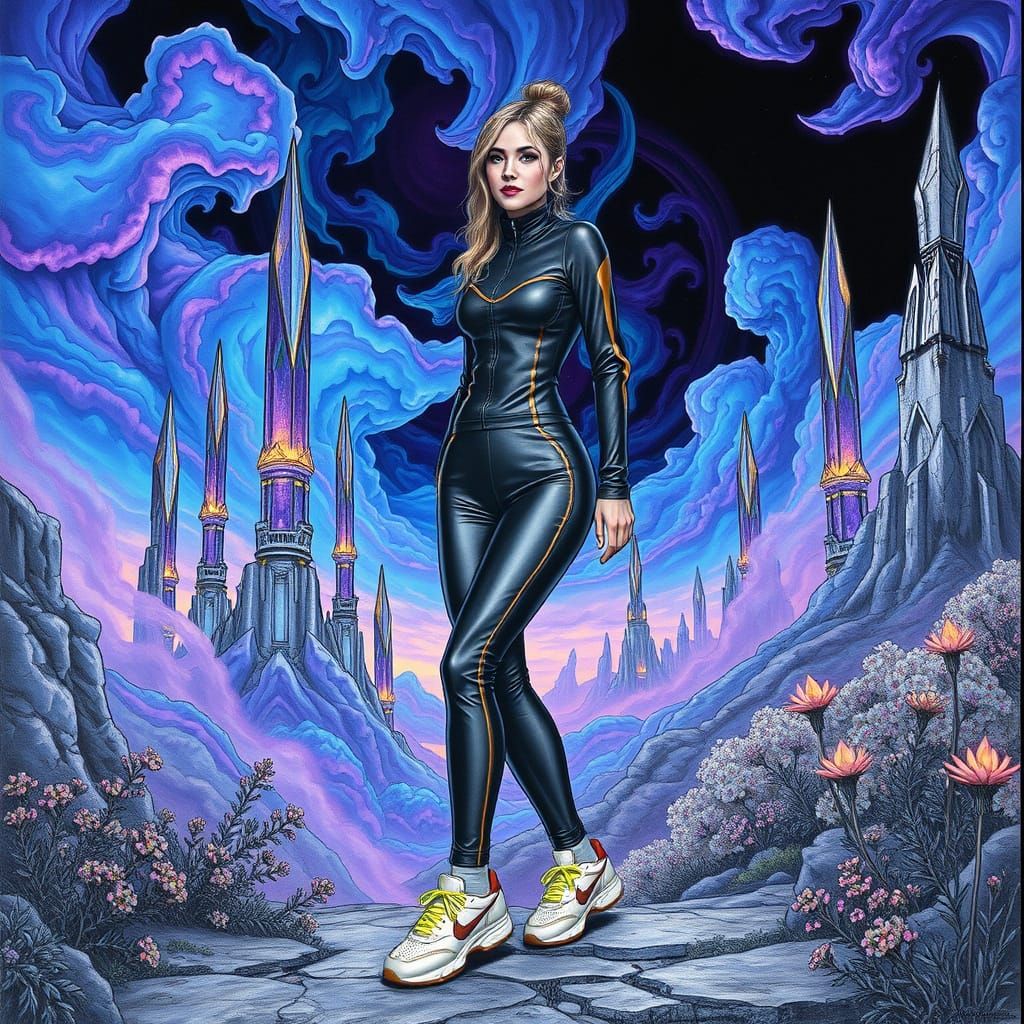 Lady in Leather Finery, Amidst Whimsical Fantasy Realm