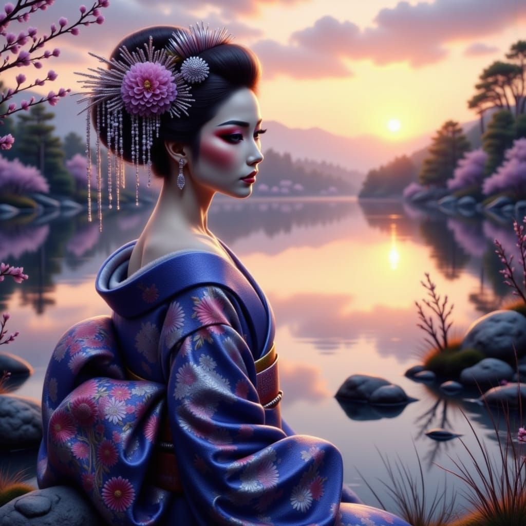 Elegant Geisha by Lake at Sunset