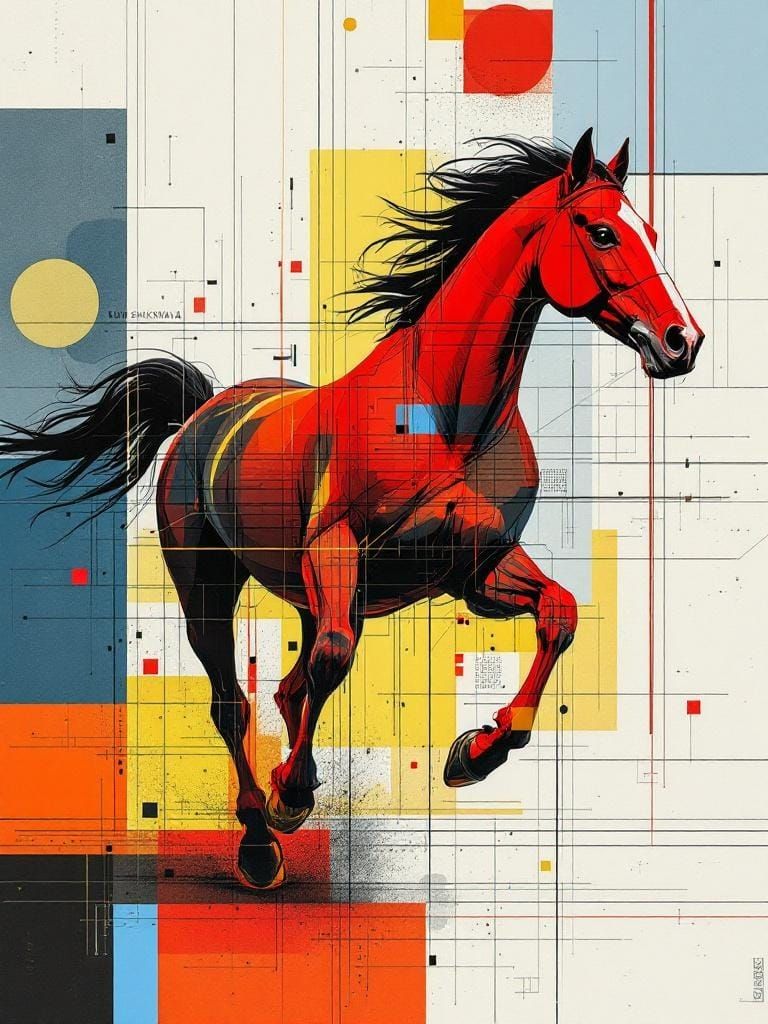 Horse Running Free: Technical Line and Geometric Color