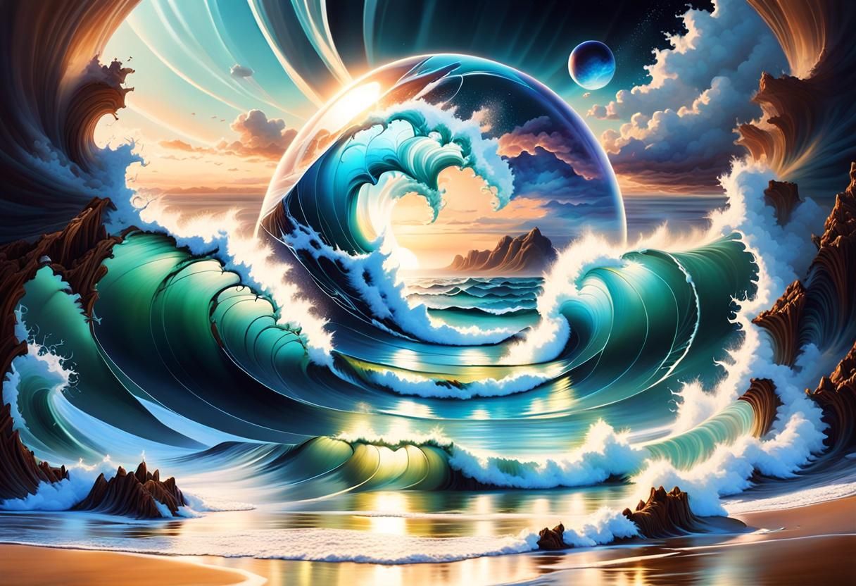 Cosmic Wave Breaks on Beach with Portal Sphere