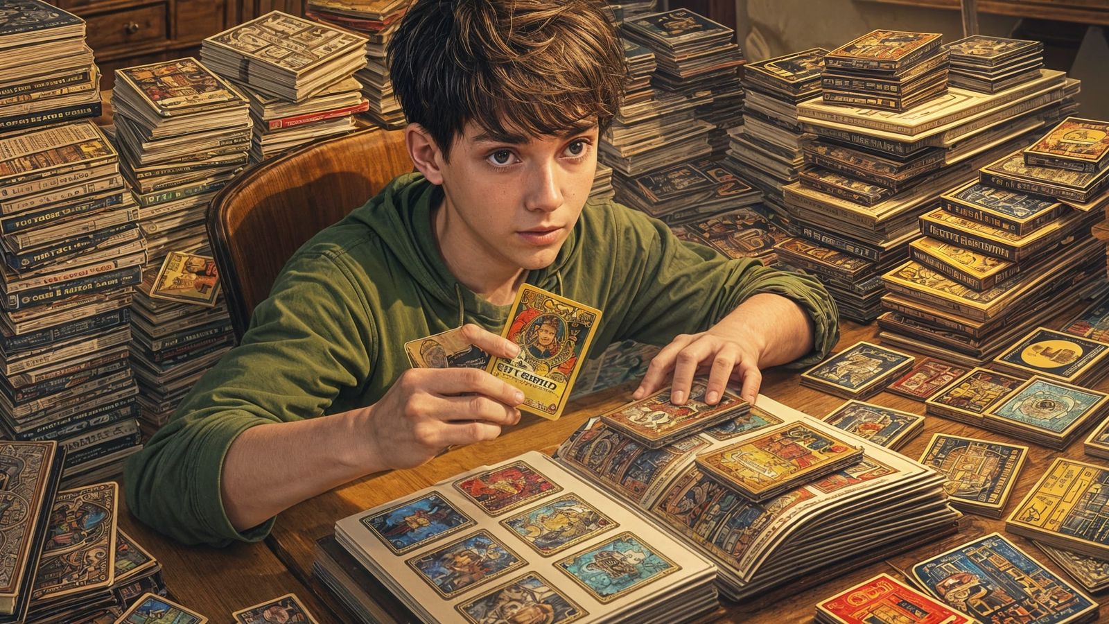 Young Man Sorting Trading Cards, Holding Gold Card
