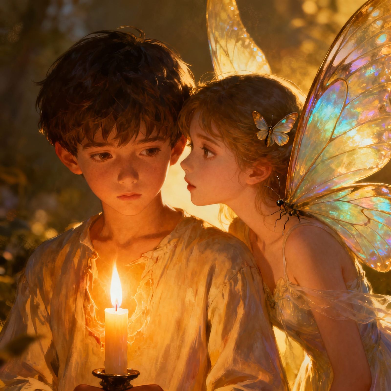 Boy's Inner Flame Guarded by Moth-Girl in Fantasy Art