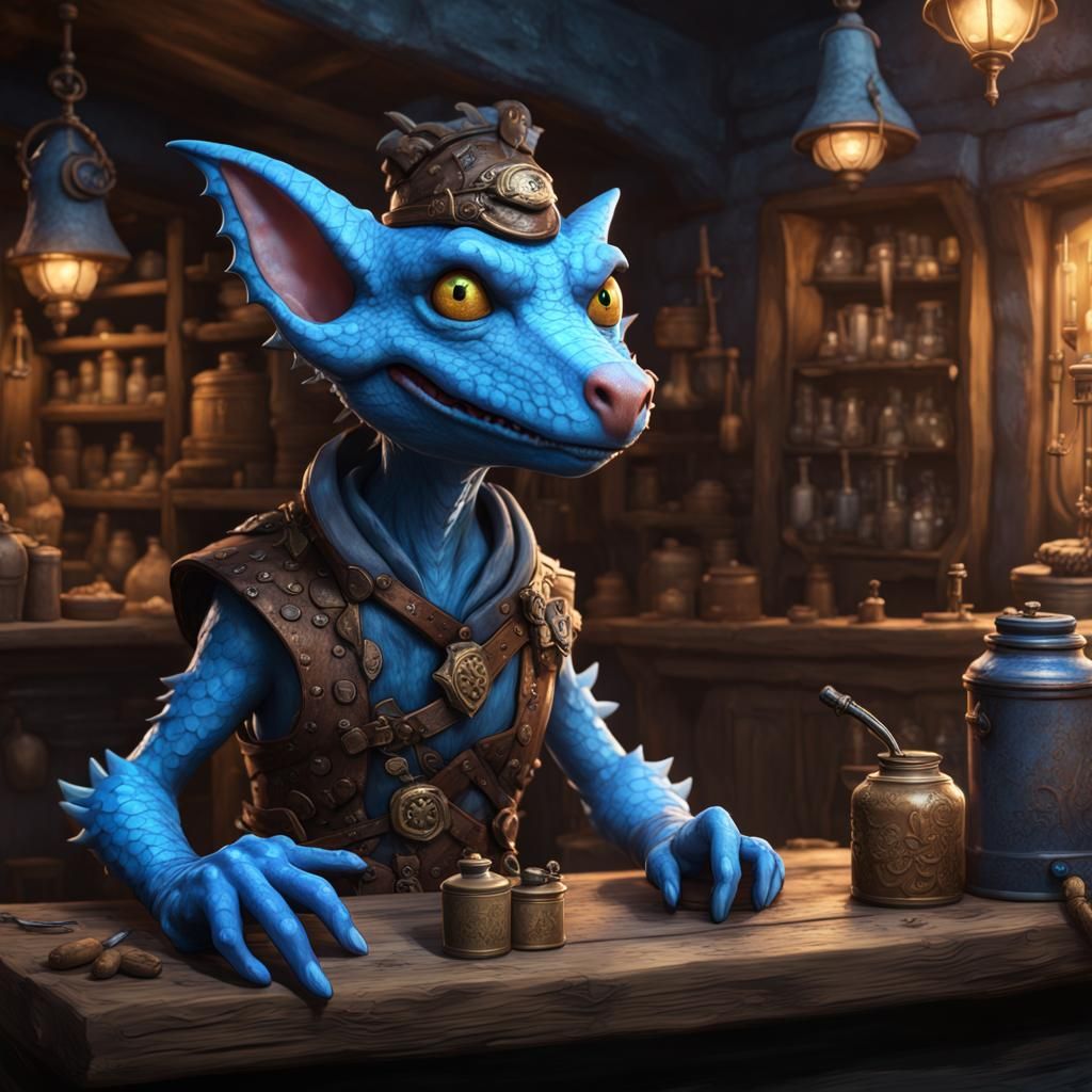 Crotchety Kobold Shopkeeper in Detailed Matte Painting