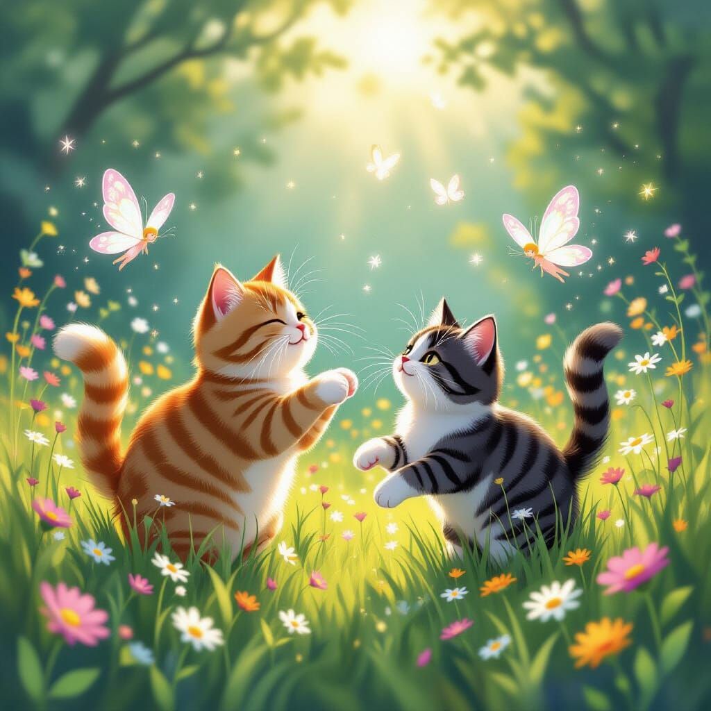 Cats Chasing Fairies in Enchanted Meadow Illustration