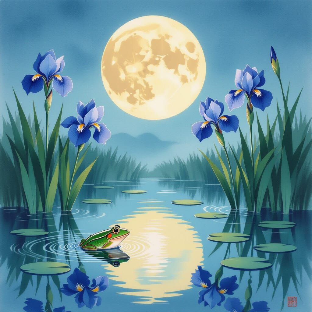 Blue Irises Bloom: Moonlit Pond in Yamato-e Style