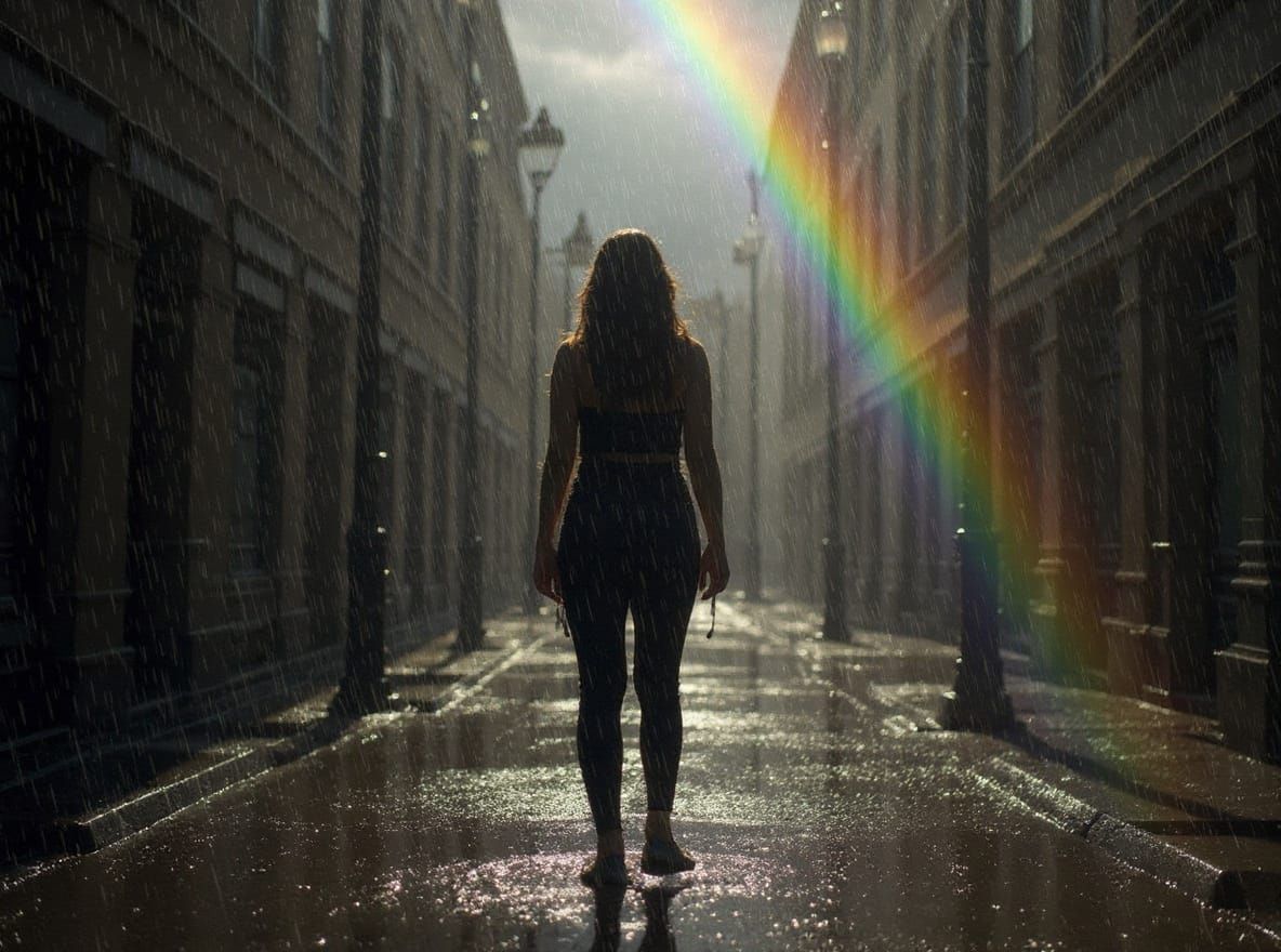 Woman in Rainy Sunlight with Rainbow: Cinematic Film