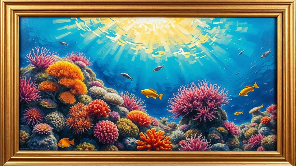 Vibrant Coral Reef Impasto Oil Painting
