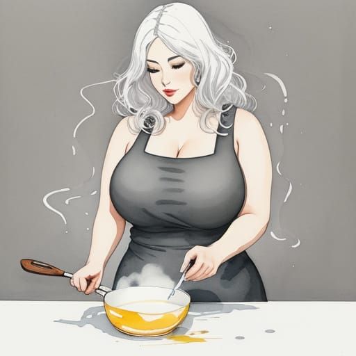 Alluring Lady Cooking in Semi-Abstract Art