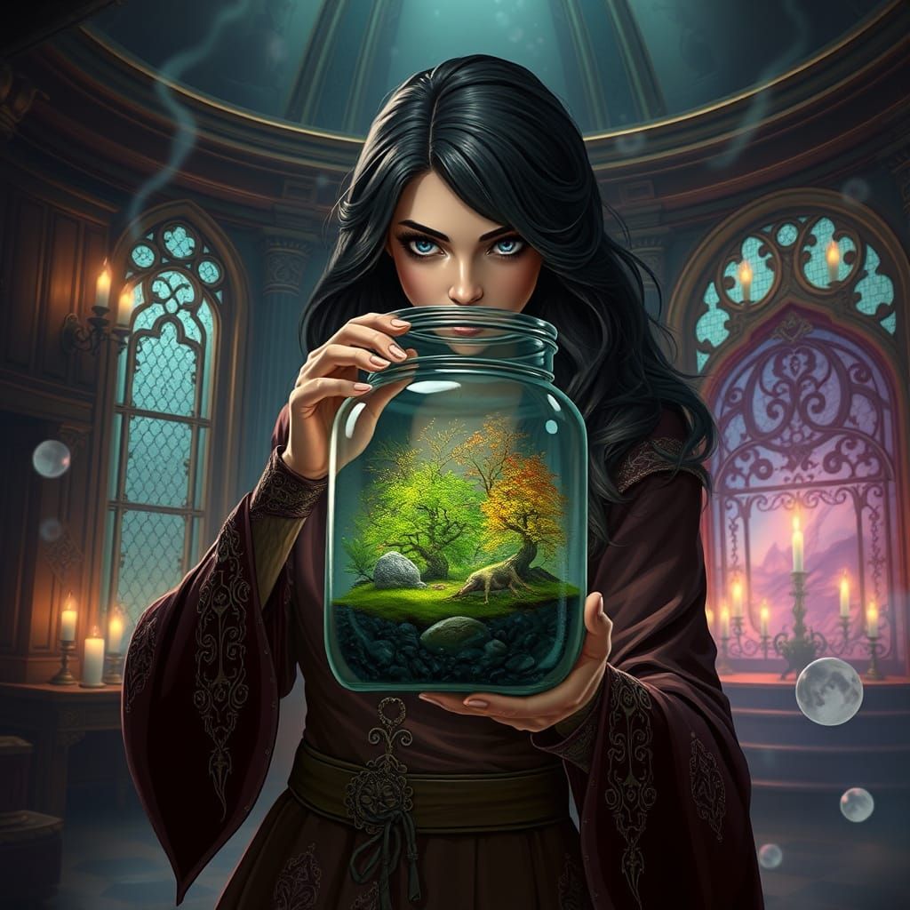 Sorceress Holds a Magical Ecosystem in a Jar