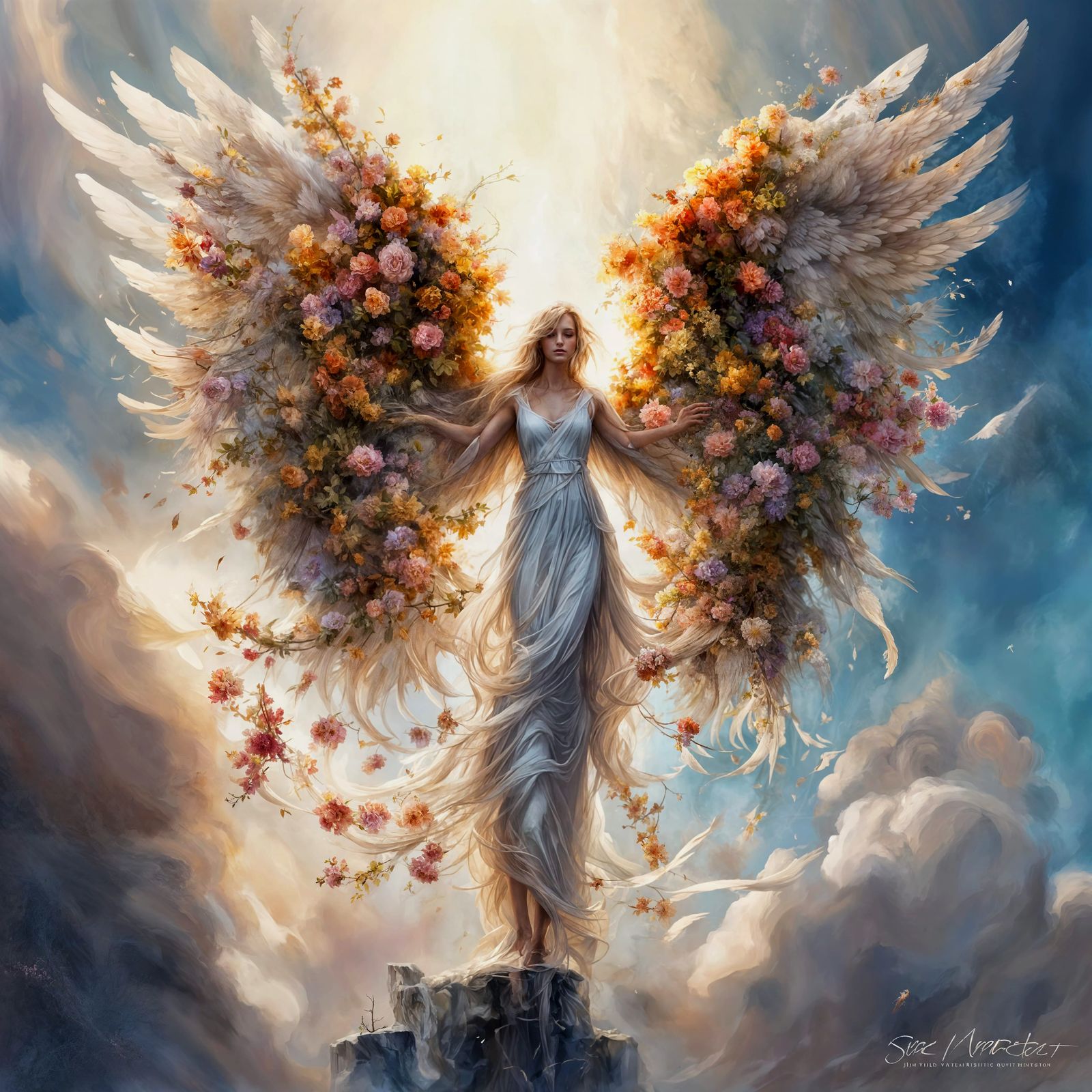 Majestic Angel with Floral Wings Digital Painting