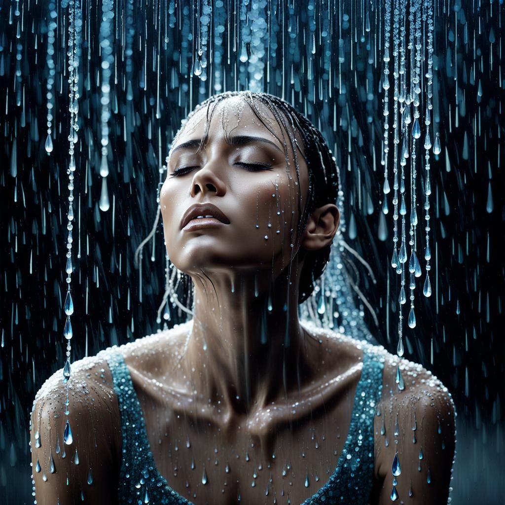 Crystalline Tears: Emotional Turmoil in Iridescent Rain