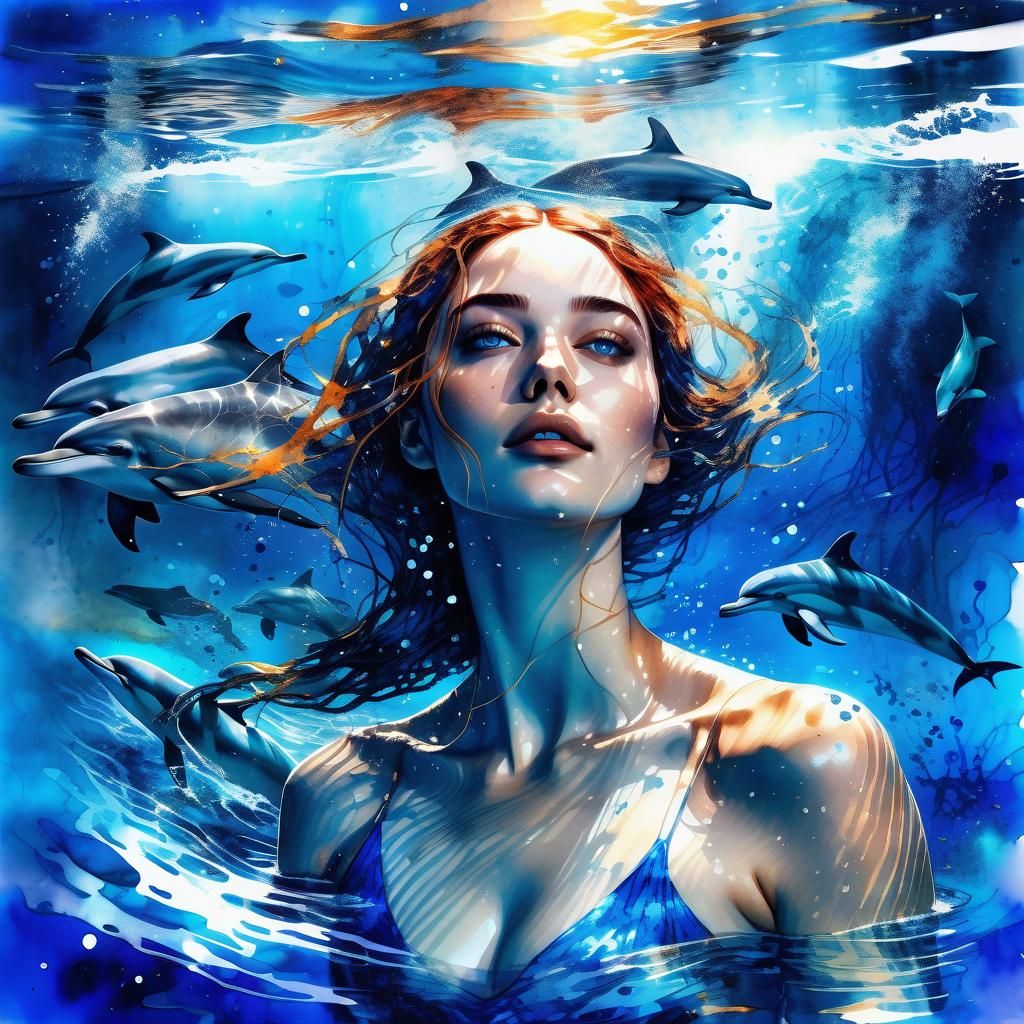 Woman and Dolphins in Digital Watercolor Art