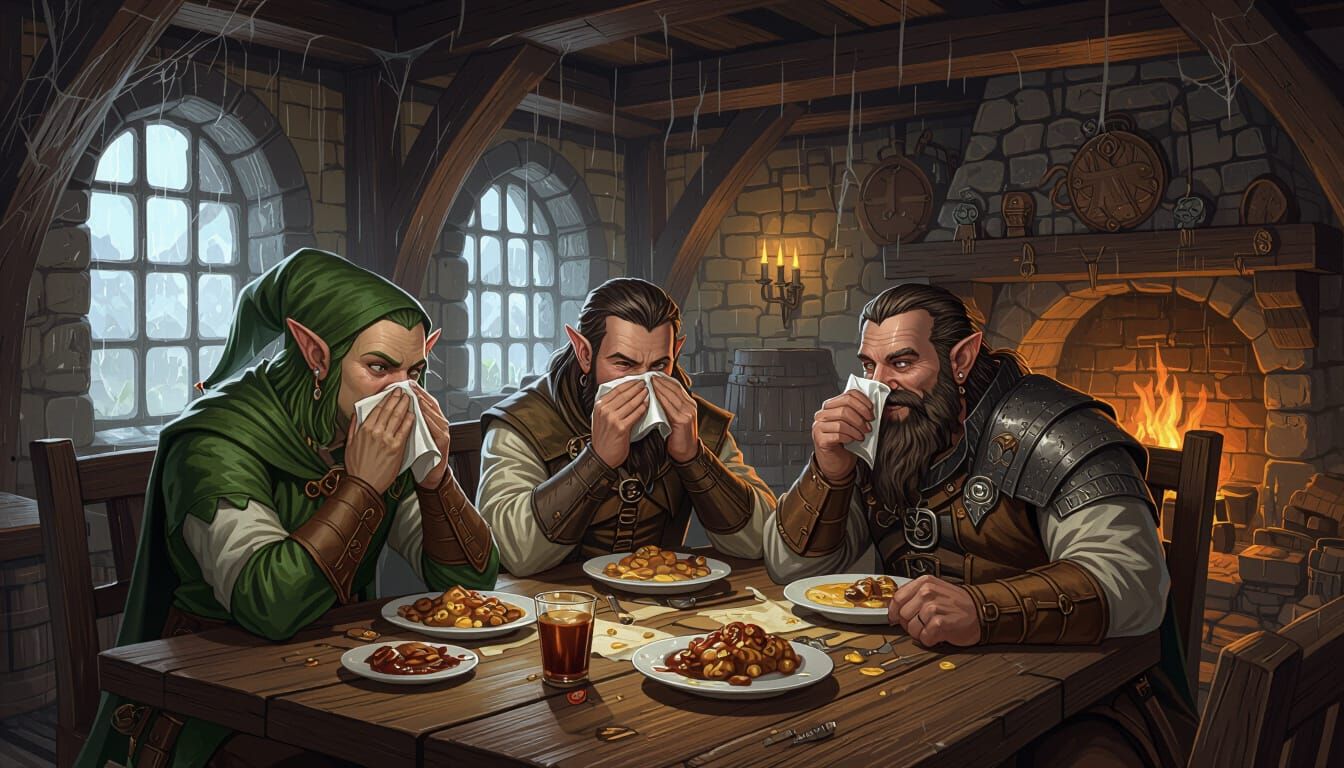Fantasy Tavern Scene: Disgust and Warm Smiles