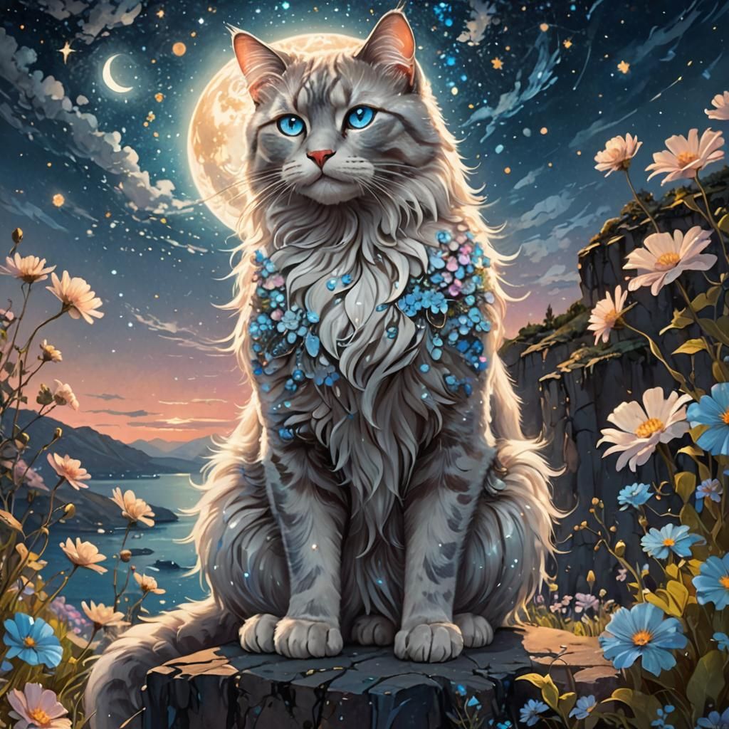Mystical Cat Under Starry Sky in Art Nouveau Style