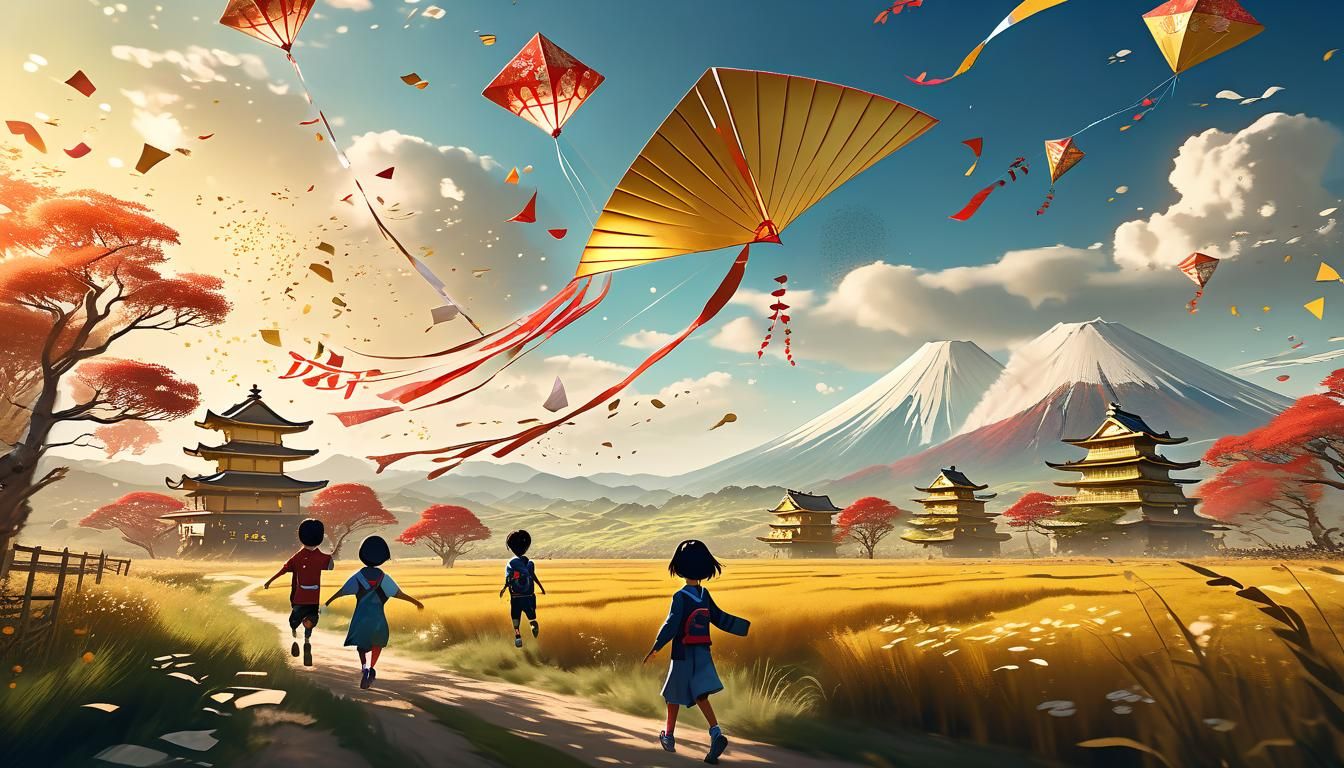 Japanese Children Fly Kites in Solarpunk Countryside