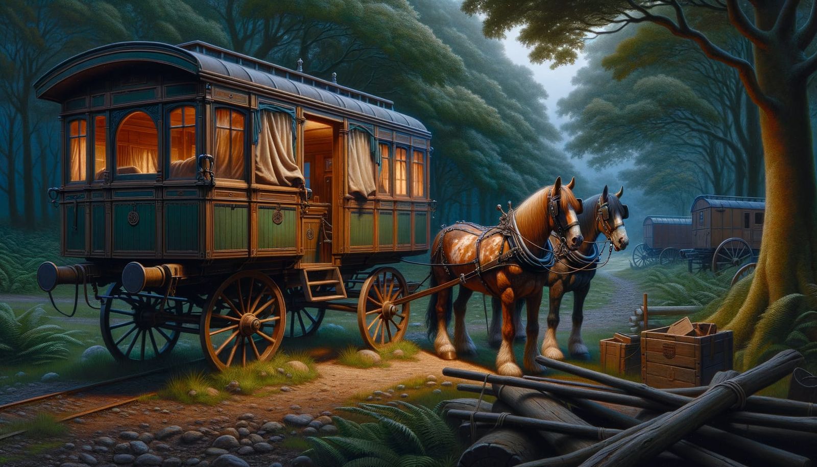 Hyperrealistic Horses Resting in Woodland Camp