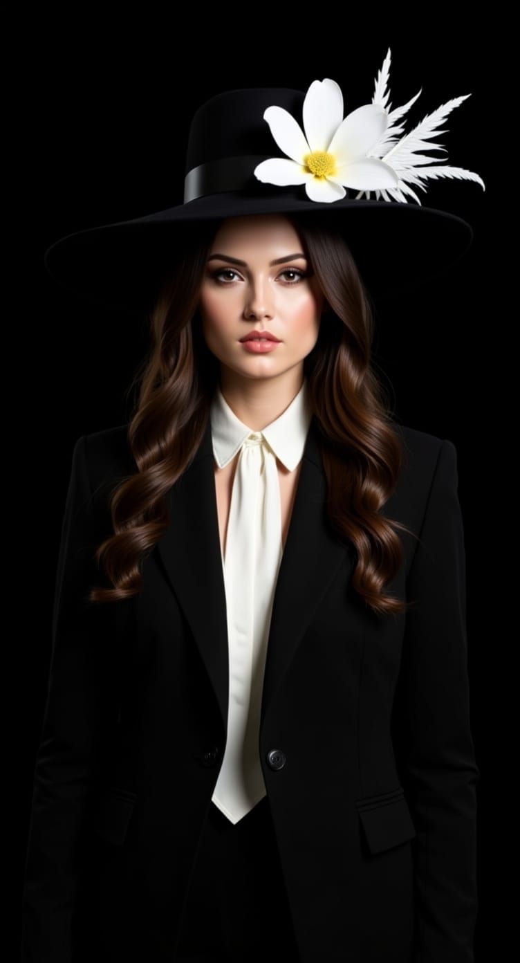 Elegant Woman in Black Fedora with Magnolia and Feathers
