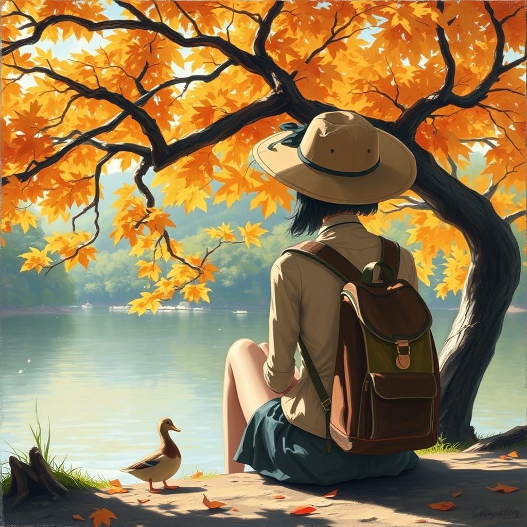 Woman Under Tree in Autumn, Anime Style Oil Painting