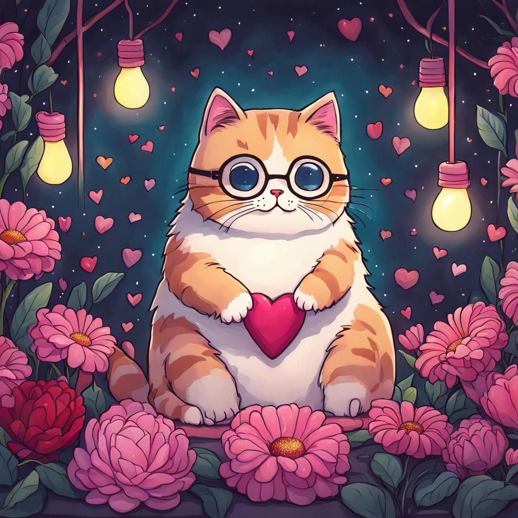 Cute Cat Surrounded by Flowers in Roiland Style