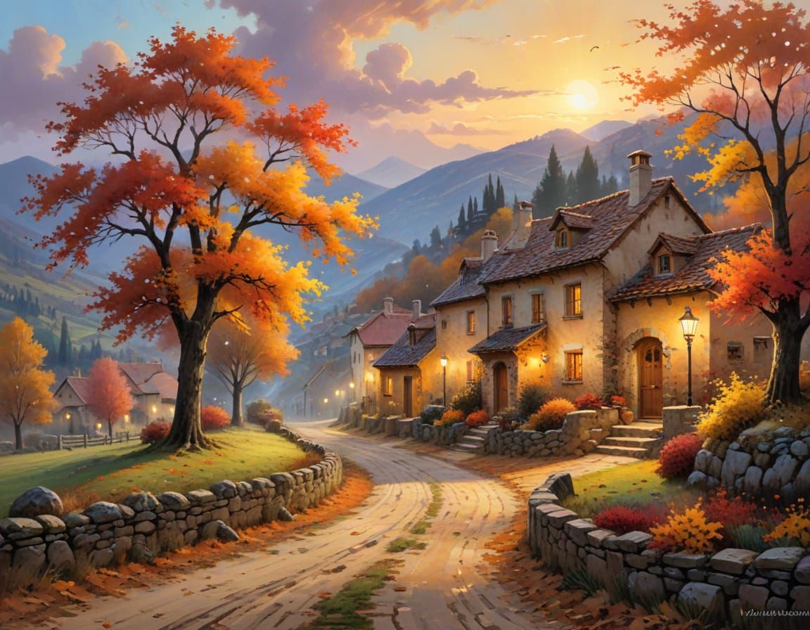 Whimsical Autumn Village in Warm, Golden Light