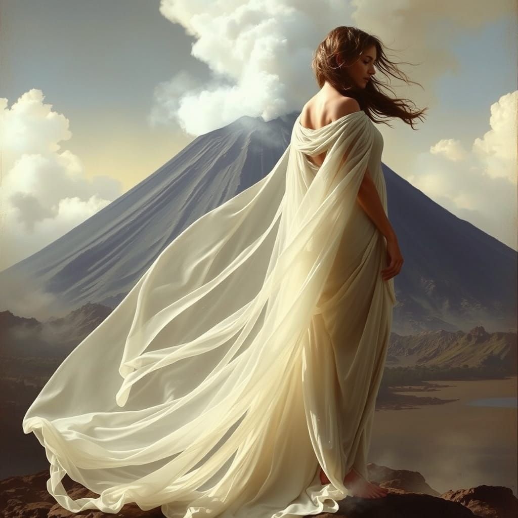 Grecian Goddess Before Majestic Volcano