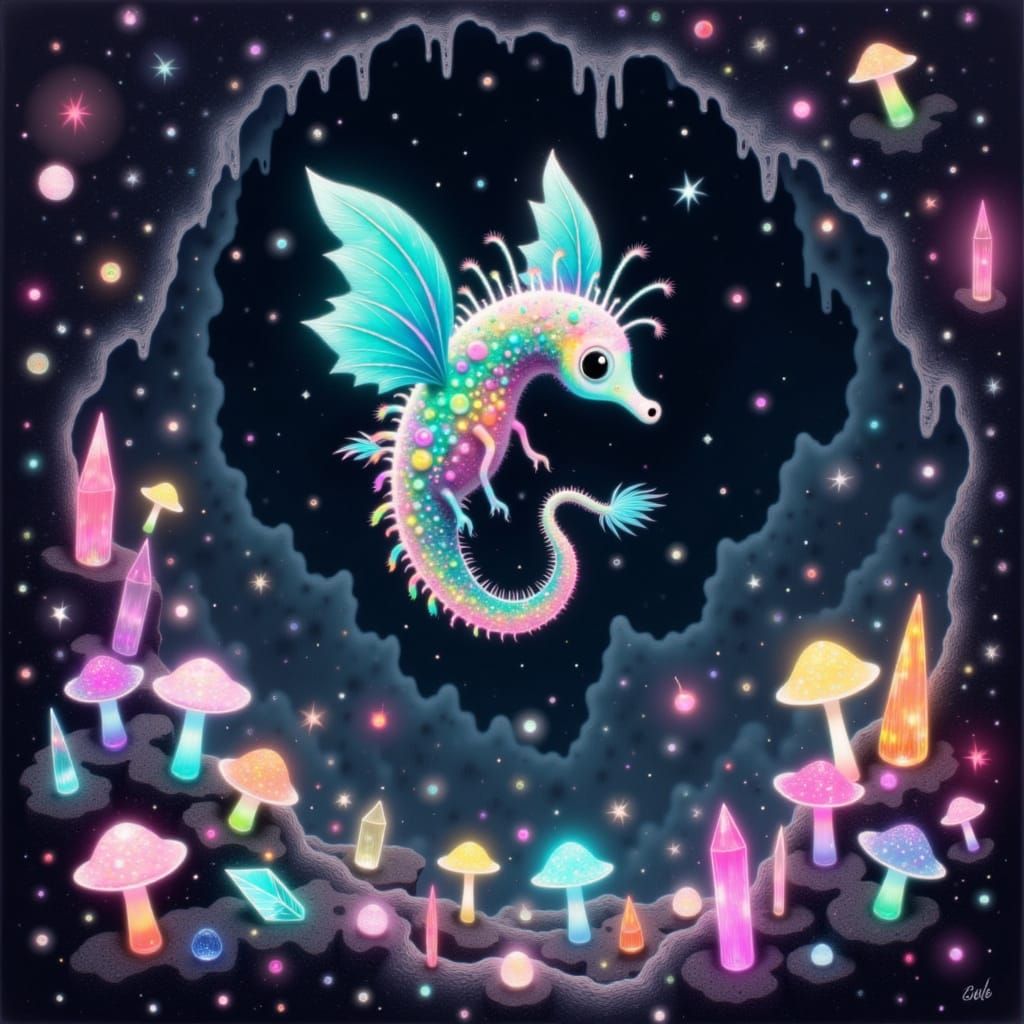 Flying Seahorse in Bioluminescent Crystal Cave
