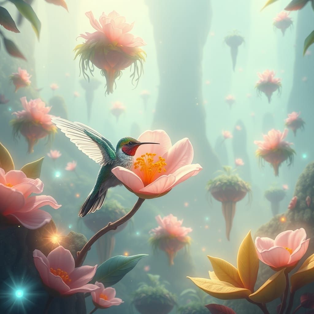 Celestial Hummingbird in Alien Rainforest, Fantasy Concept A...