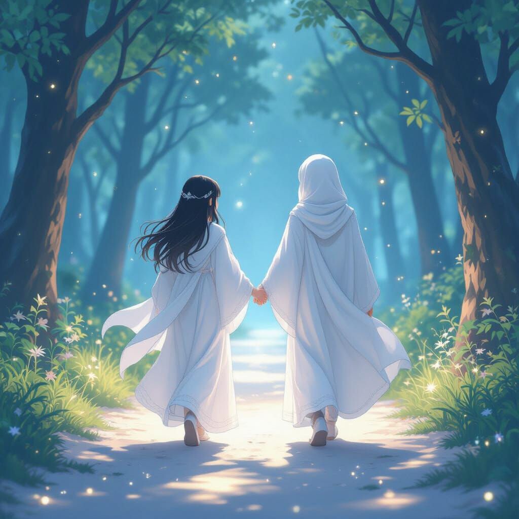 Ethereal Siblings Walking a Starlit Path, in Anime Style