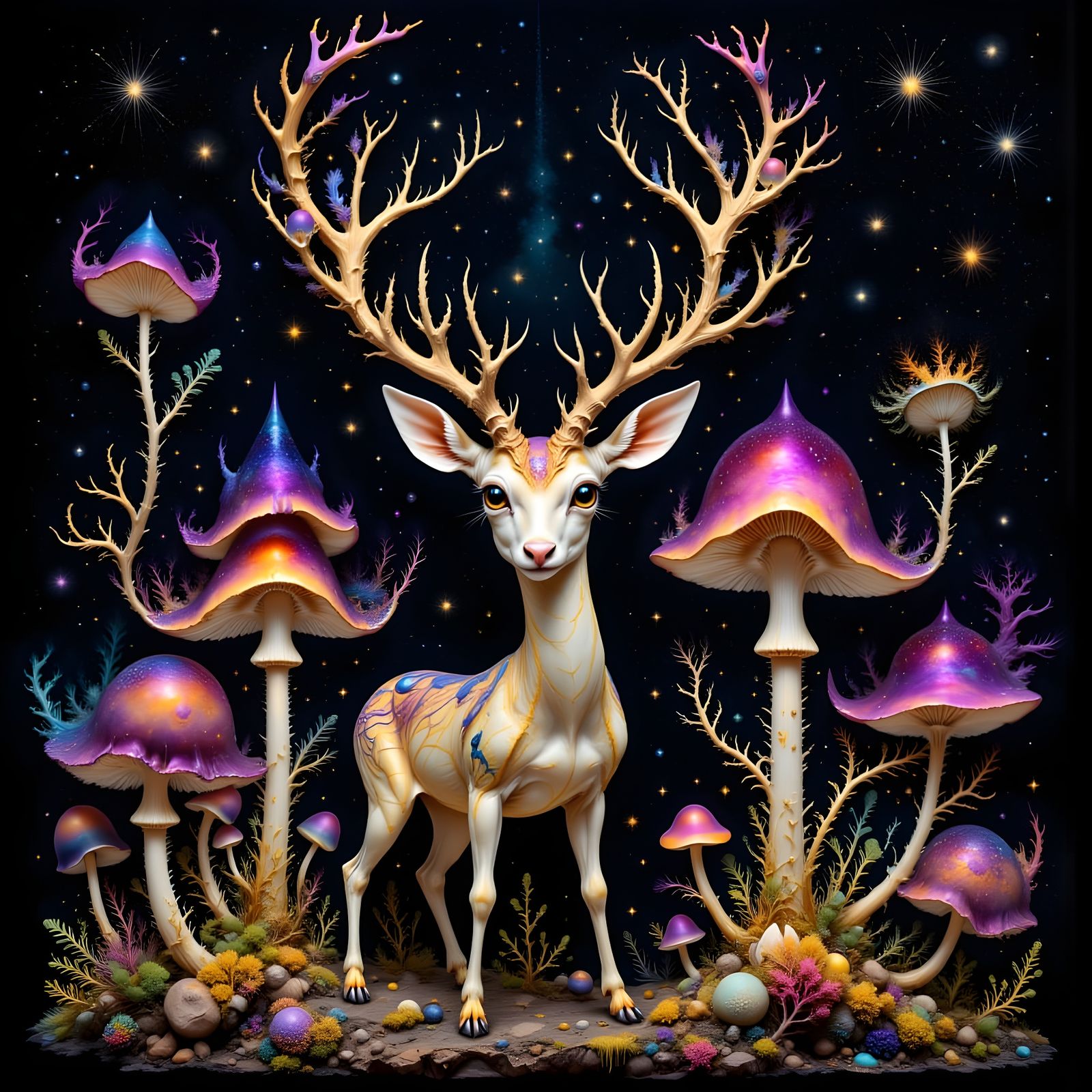 Surreal Deer Among Giant Mushrooms