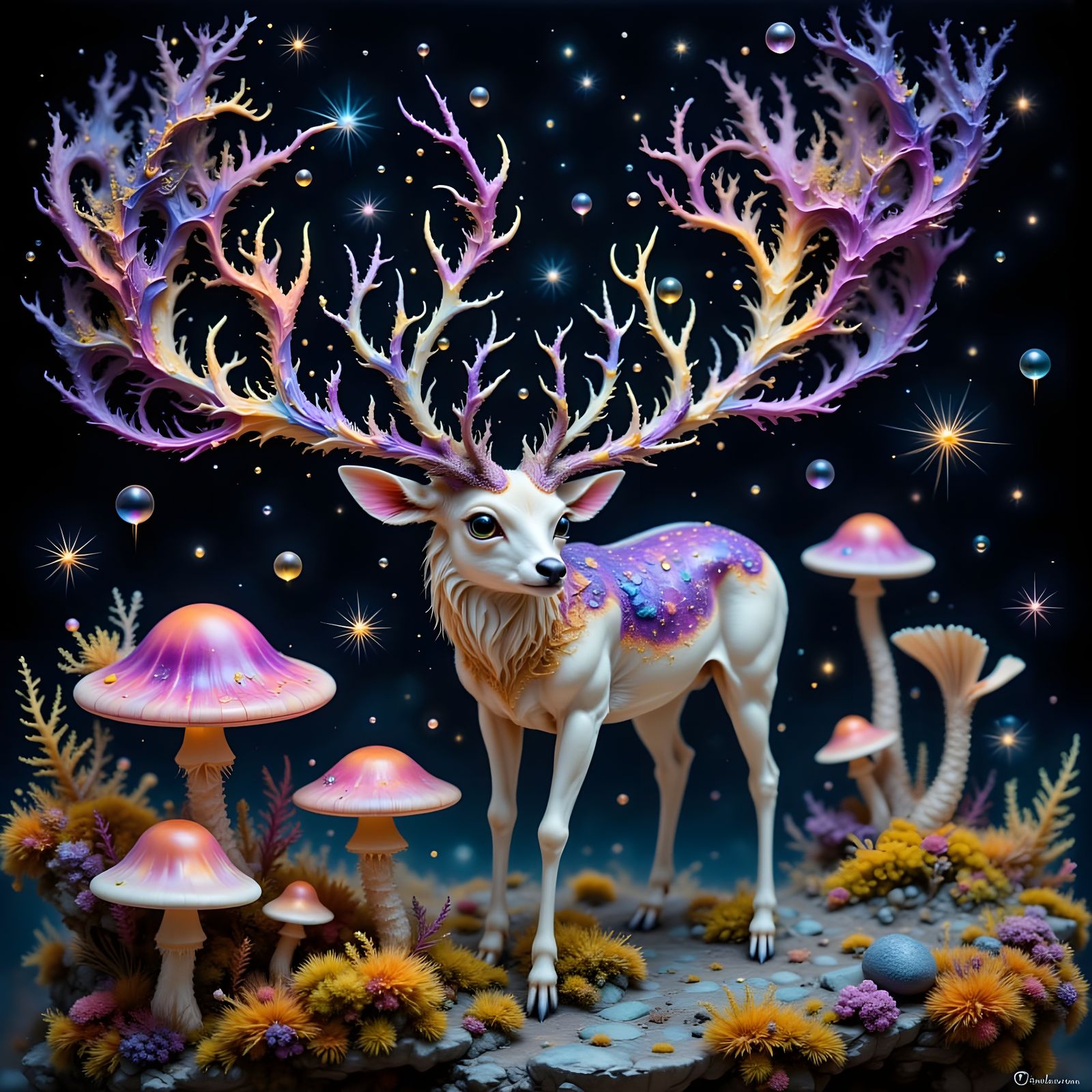 Surreal Spined Stag in Mushroom Forest