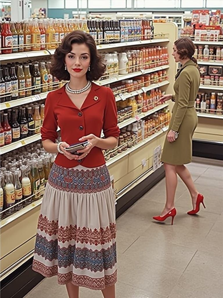 Vintage Woman Shops 1960s Supermarket in Elegant Style