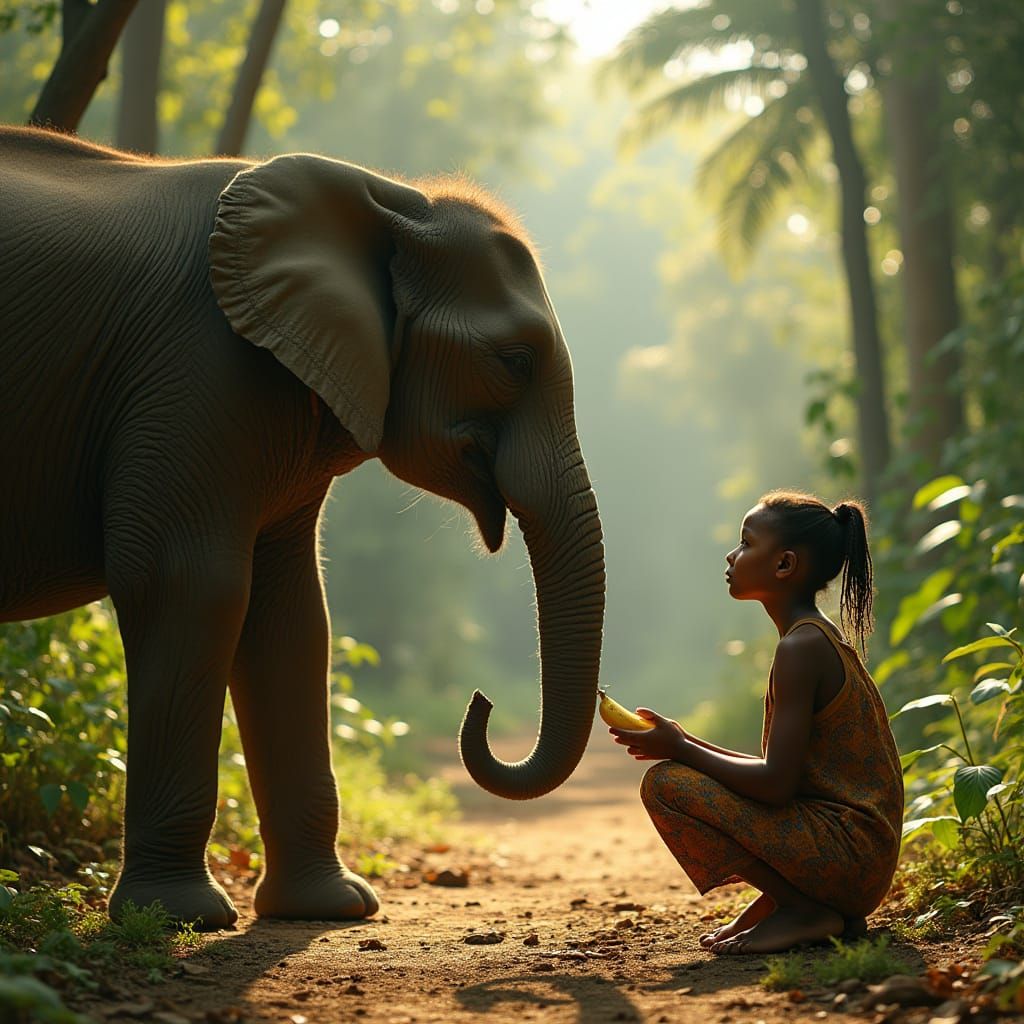 Elephant and Child Sharing Banana, Naturalistic Cinematic St...