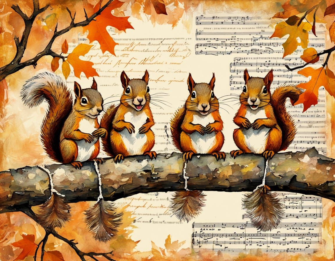 Joyful Squirrels in Autumn Tree with Script Letters