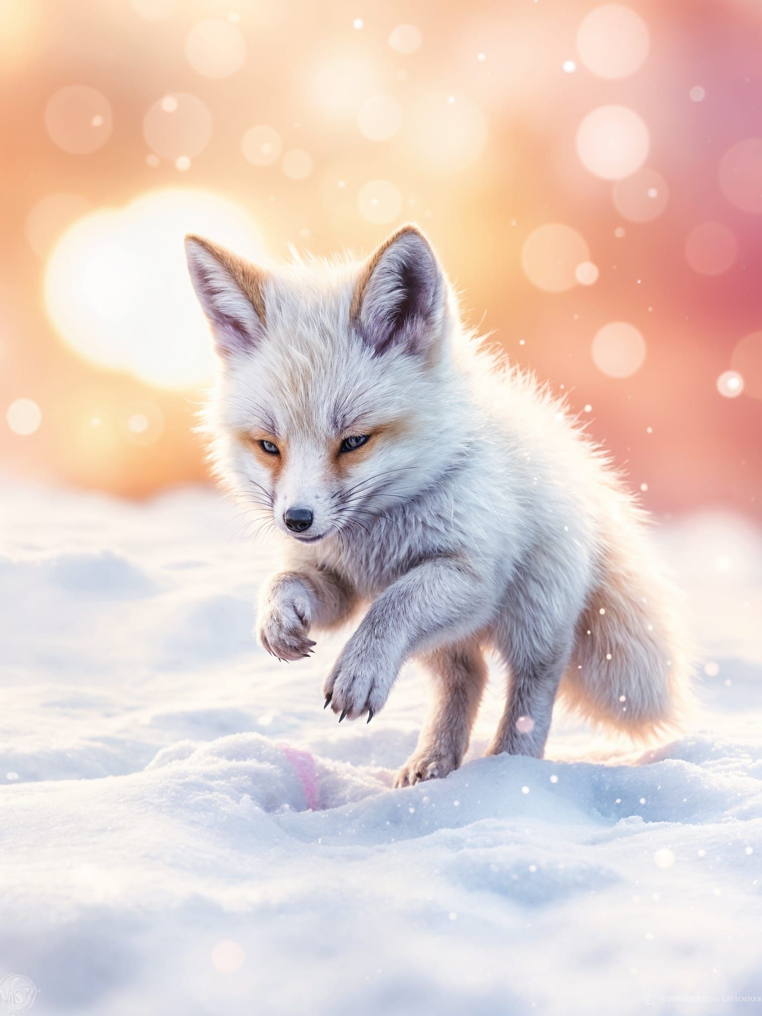 Surreal Watercolor Snow Fox Plays in Sunset Bokeh
