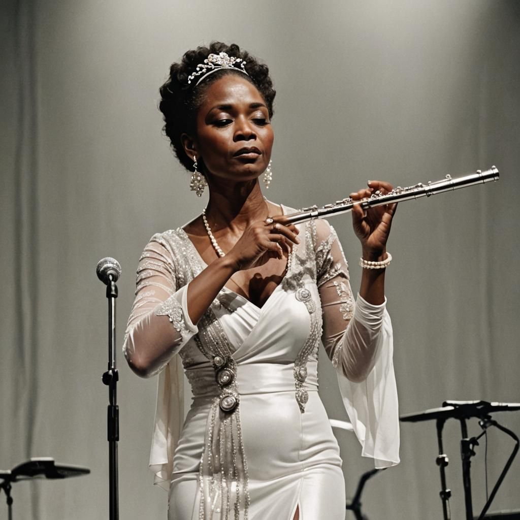Elegant Flutist on Stage with Silver Flute
