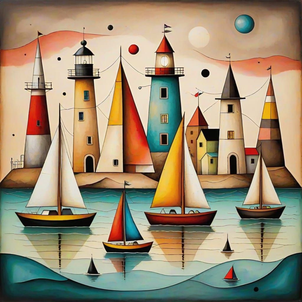 Colorful Sailboats in Surrealist Chalk Drawing Style