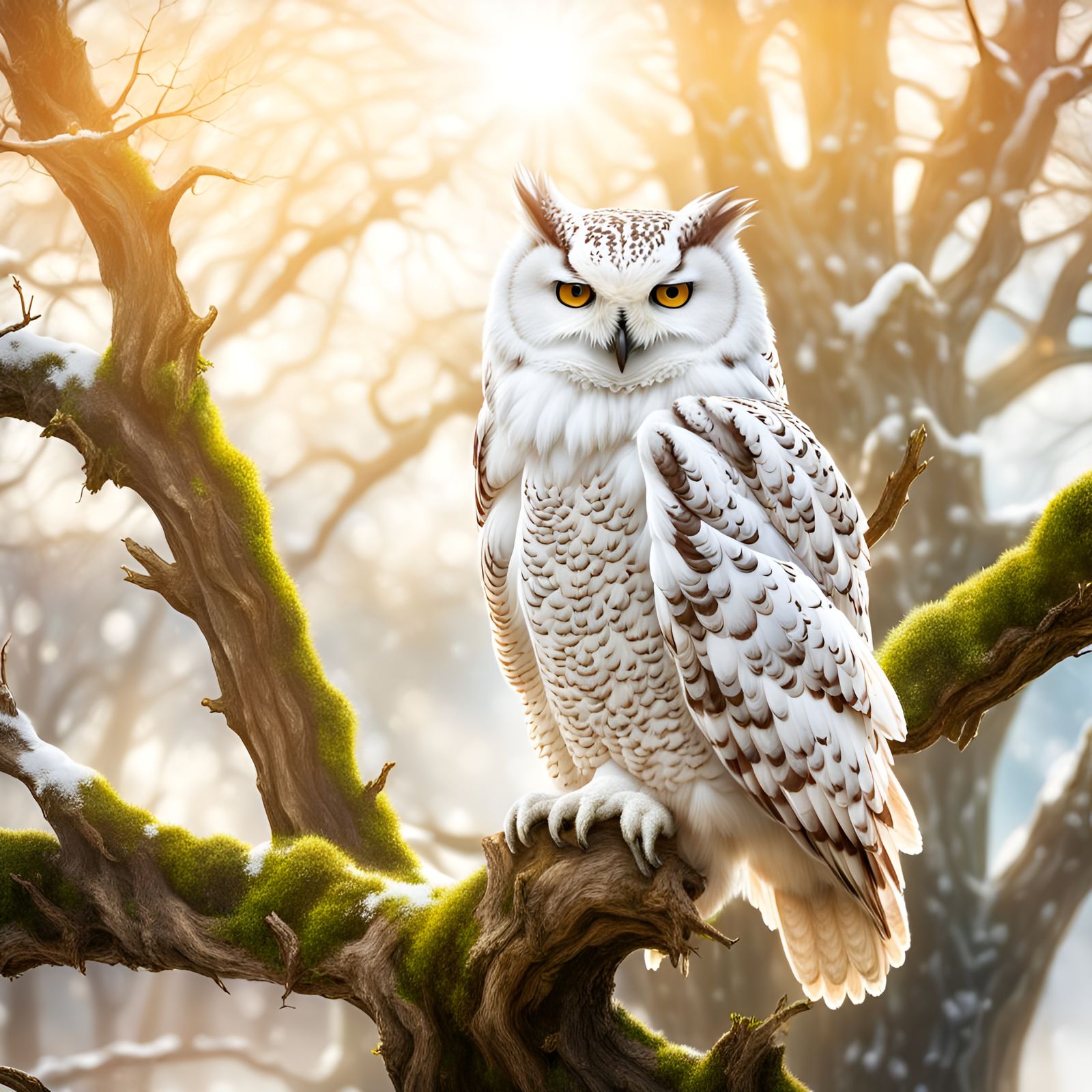 Snow Owls in Sunlit Tree with Grazing Animals