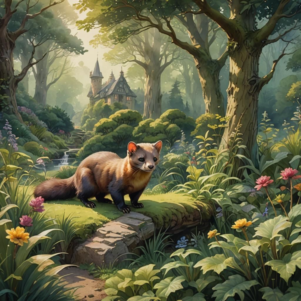 Pine Marten Exploring Enchanted Garden as Watercolor