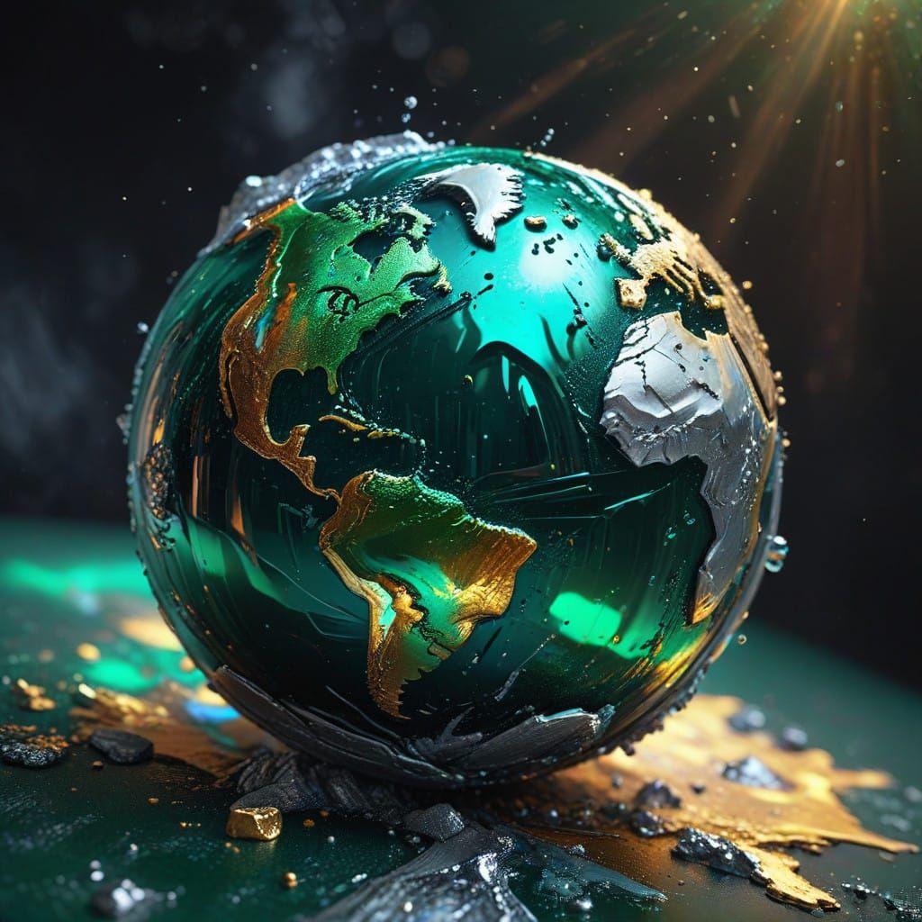 Holographic Emerald Earth in Hyperrealistic Splash Art Style