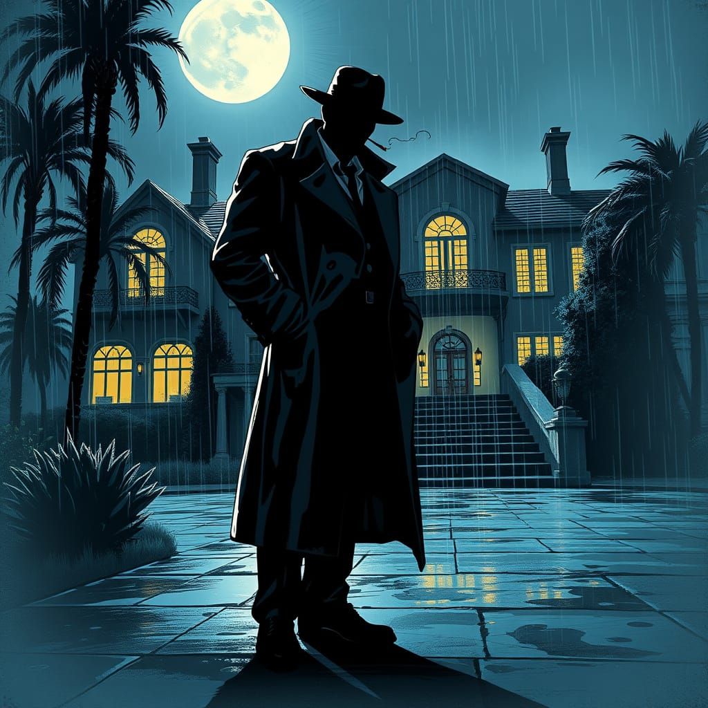Noir Detective in Rain, Gritty Atmospheric Scene