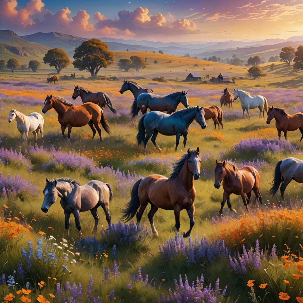 Horses in Lush Field: Fantasy Matte Painting