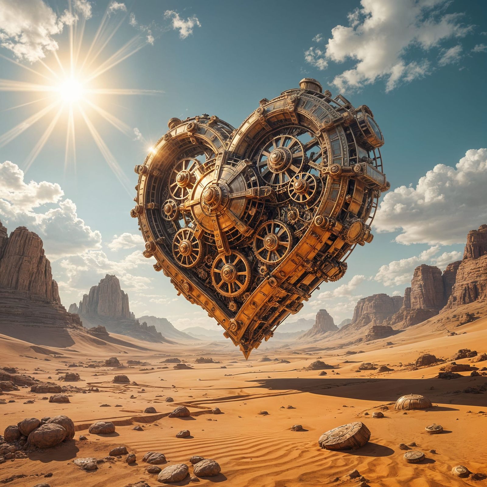 Clockwork Heart Over Alien Desert Landscape