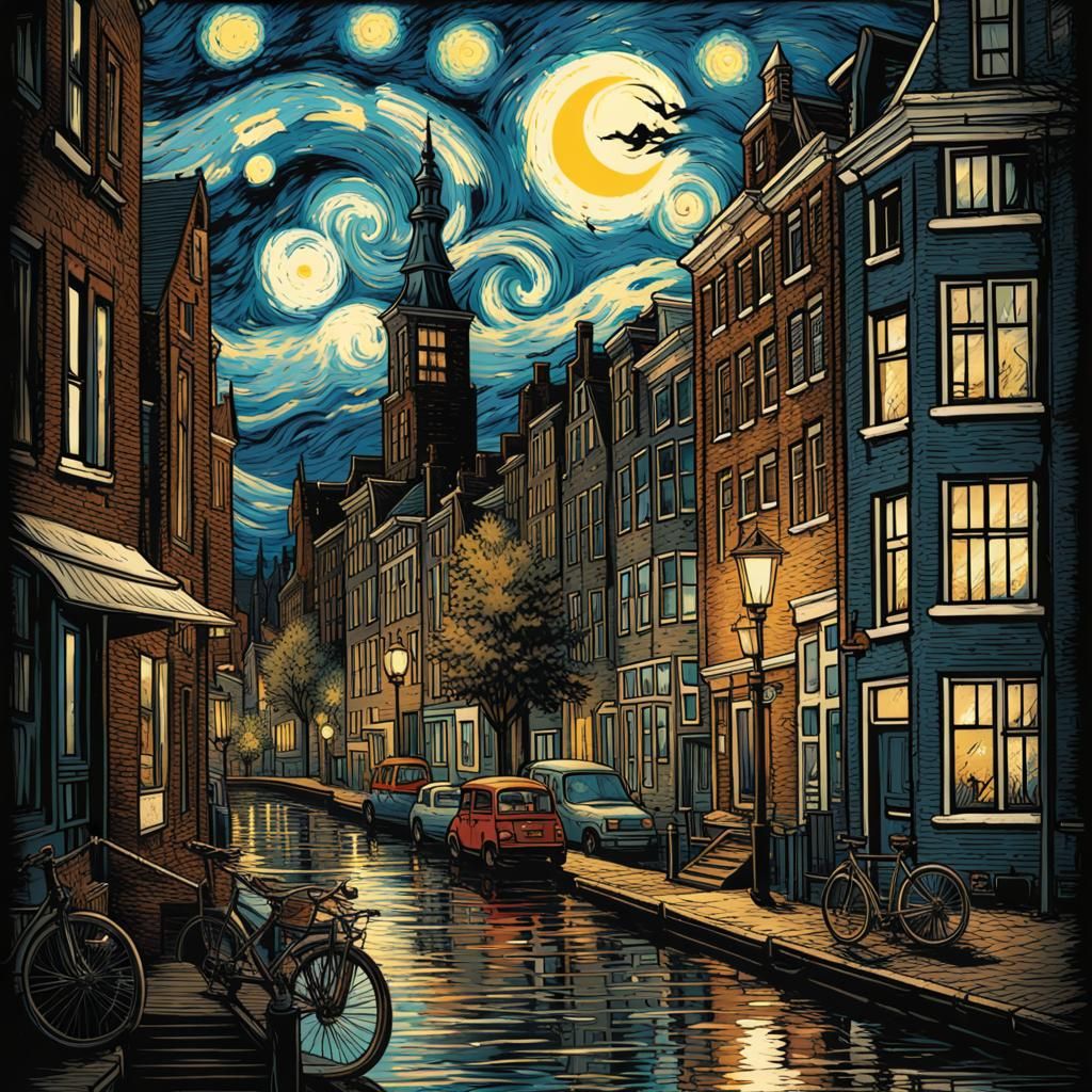 Amsterdam Starry Night T-Shirt Design in Van Gogh Style