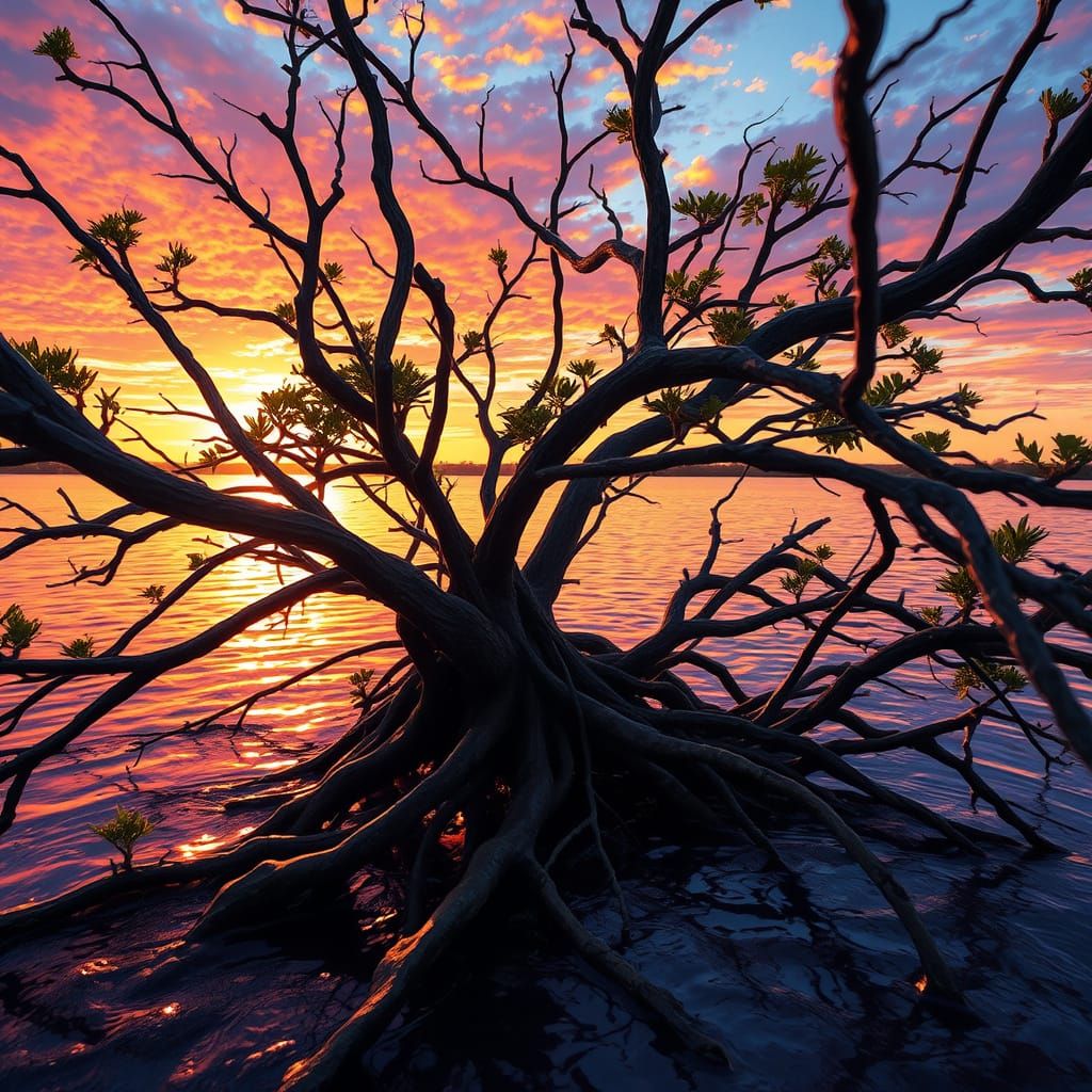 Florida Sunset Through Mangrove Roots in Impressionist Style