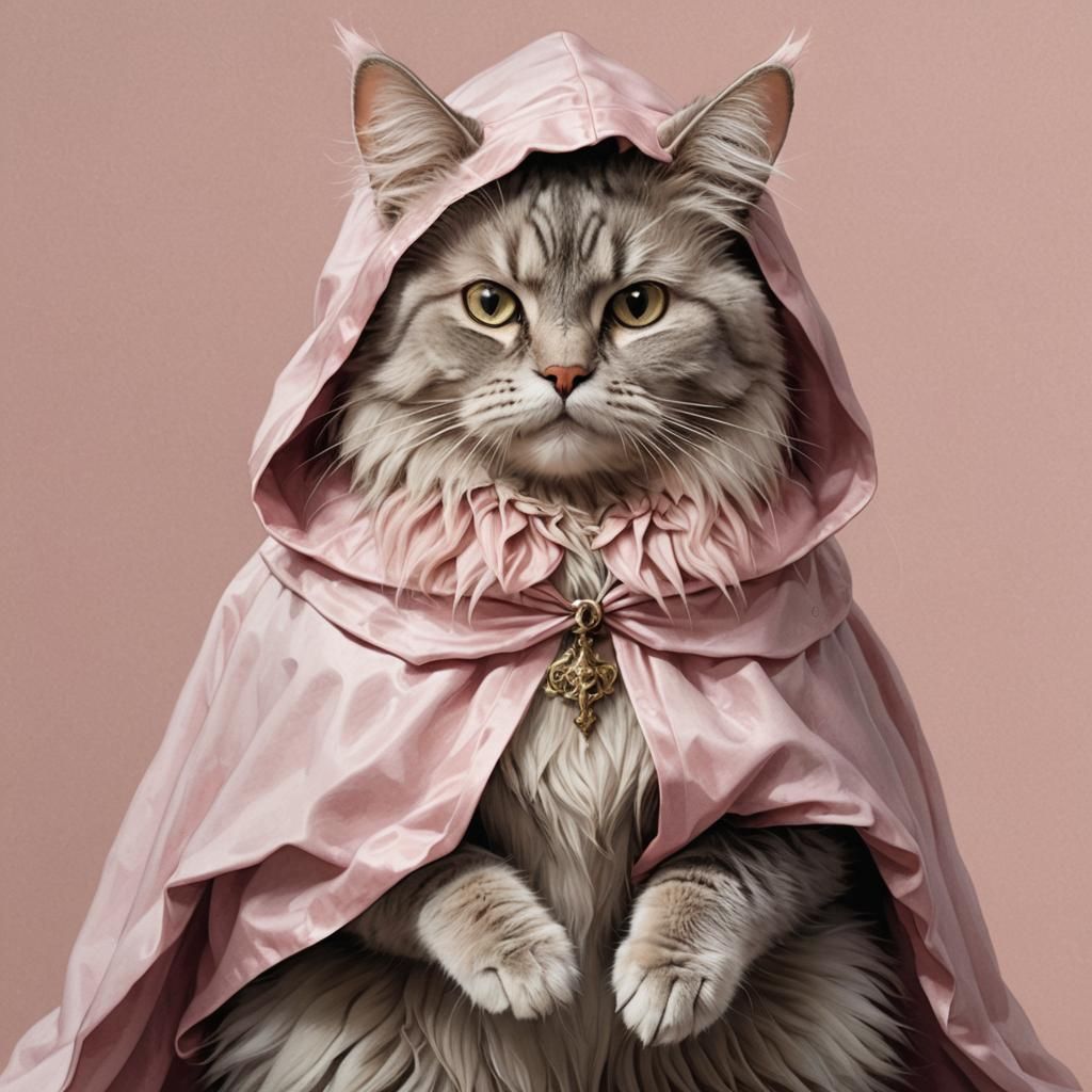 Cat in Pink Fur Cape, Dark Fantasy Style