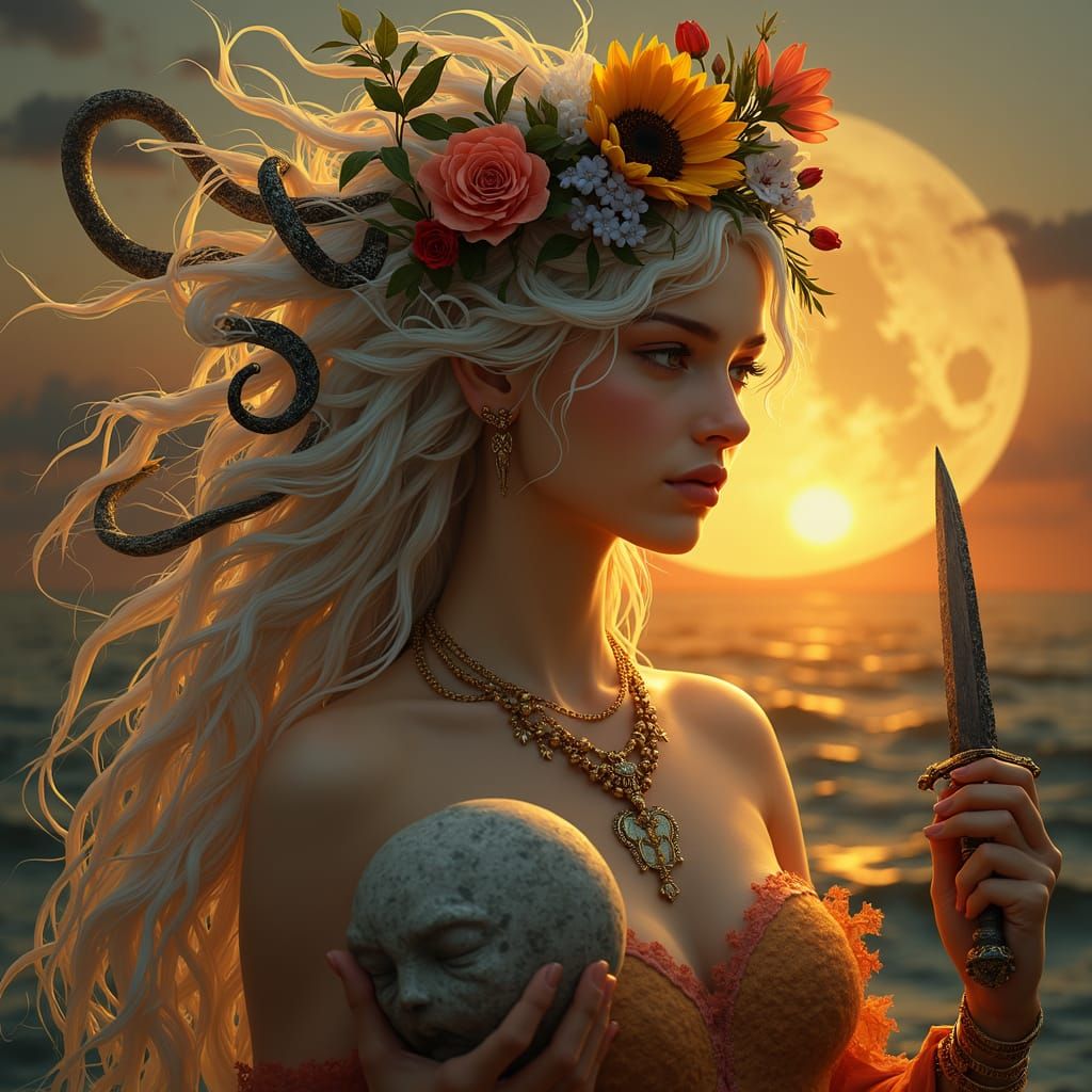 Grieving Medusa with Stone Head, Digital Art