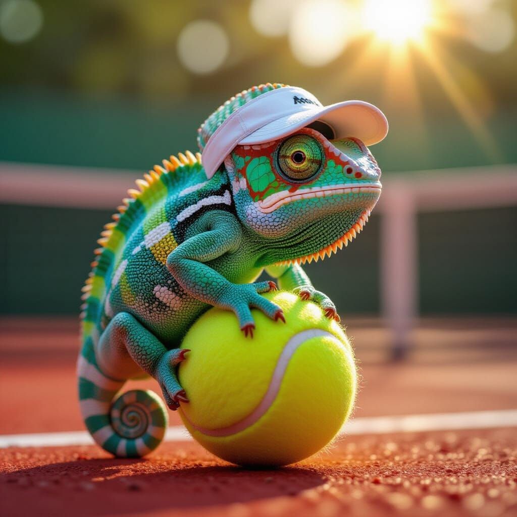 Jewel Chameleon Plays Tennis: Hyperrealistic Digital Art