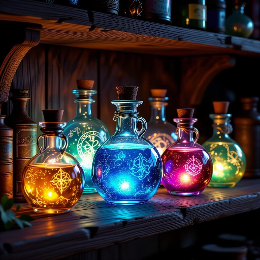 Magical Potions Glowing on a Shelf