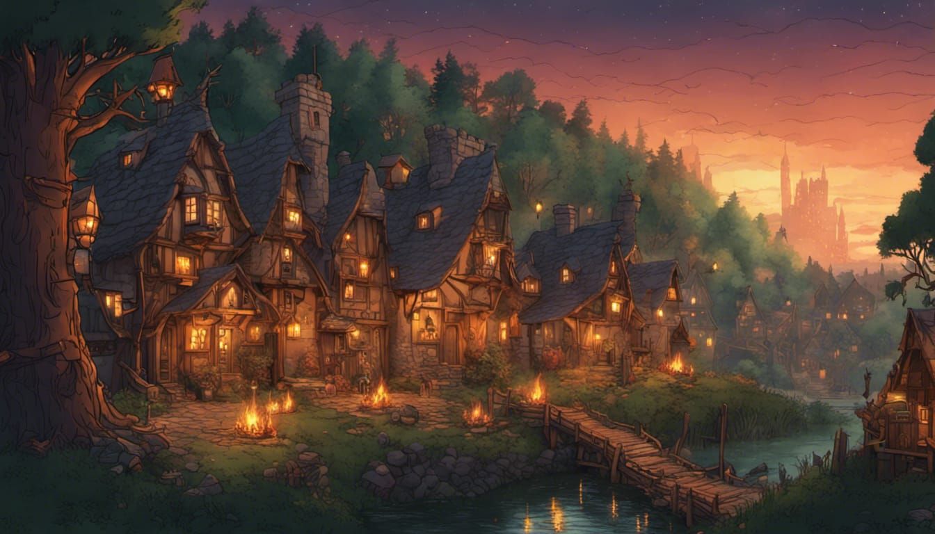 Firelit Forest Village: Intricate Digital Illustration